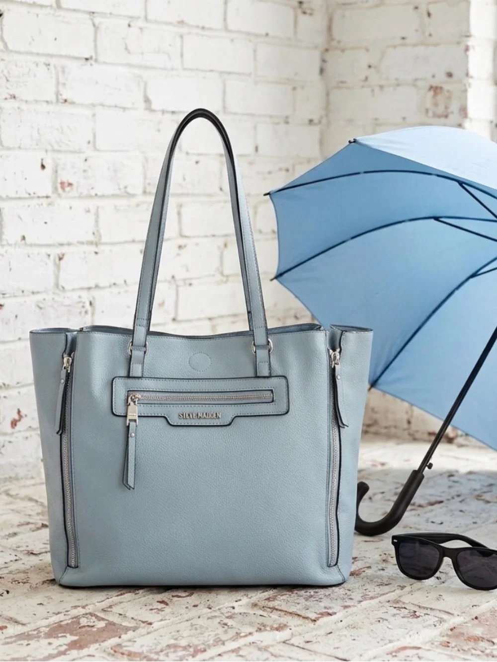 Steve Madden Madison Powder Blue Leather Tote with Front Zip Pocket